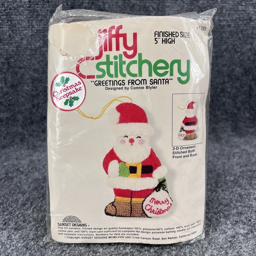Jiffy Stitchery #120 3D Ornament Kit Greetings From Santa 5" 1968 New Vintage
